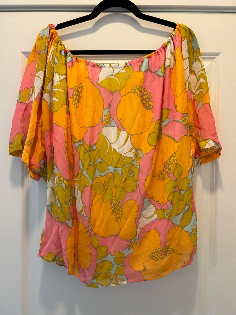 Trina Turk Floral Off Shoulder Silk Blend Boho Peasant Top Tassel Tie - Picture 8 of 8